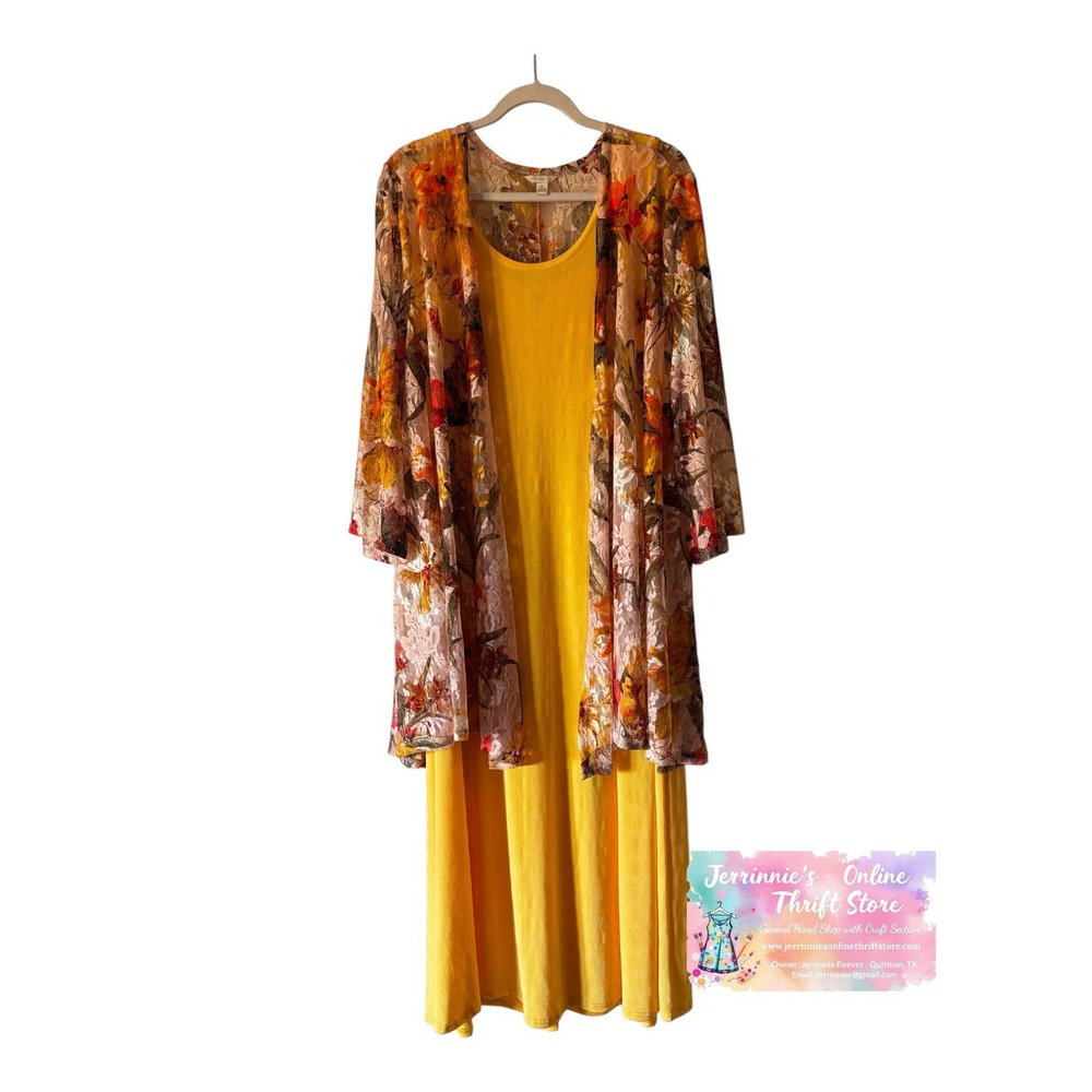 Catherines Women Yellow Maxi Dress and Floral Lace Duster Cardigan Set 2 Piece